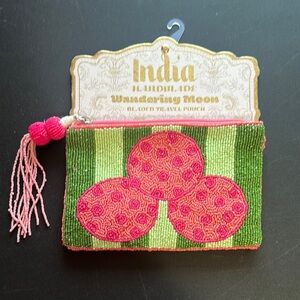 Wandering moon made in India, beaded pink and green travel pouch